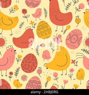 Polli divertenti e uova decorative. Modello senza giunture, stampe vacanze bambini, simboli di pasqua, uccelli fattoria con fiori di piante, stile scarabocchio, arredamento Illustrazione Vettoriale