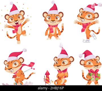 Tigre di nuovo anno. Wild cute animale in azione pone tigre in rosso inverno celebrazione santa CAP vettore esatto 2022 yer carattere promozionale Illustrazione Vettoriale