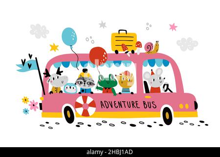 Autobus per animali. Carino creature boschive in grande autobus, piccoli viaggiatori, mouse driver, avventure di amici cartoon, divertente giro. Vettore arredamento stanza dei bambini Illustrazione Vettoriale