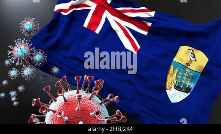Sant'Elena Ascensione e Tristan da Cunha e la pandemia covida - il virus corona che attacca la sua bandiera nazionale per simbolizzare la lotta con il virus in te Foto Stock