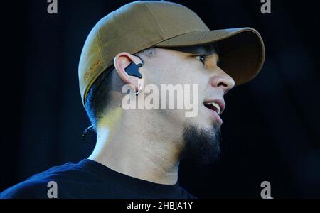 Il Linkin Park si esibirà sul palco al giorno uno del 'Festival di Download' a Donington Park, il 5 giugno 2004 a , Foto Stock