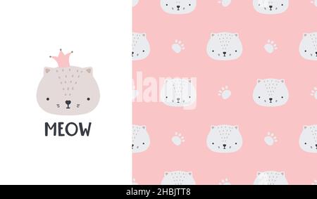 Motivi e scritte senza giunture carine - metto. Poster Kitty. Stampa infantile creativa per tessuti, fasciatura, tessuti, carta da parati, abbigliamento. Cartoon vettoriale Illustrazione Vettoriale
