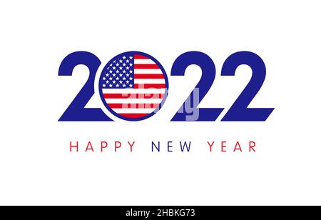 2022 Happy New Year USA logo testo design. Illustrazione vettoriale con numeri e bandiera Stati Uniti d'America Illustrazione Vettoriale