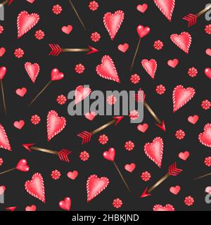 Acquerello modello senza giunture di elementi d'amore, cuori, lettere, frecce, mazzi. Backgrouns senza cuciture Valentines per stampe su tessuto, carta, abiti. Foto Stock