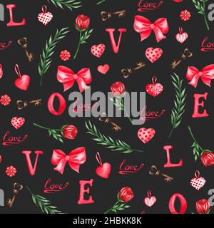 Acquerello modello senza giunture di elementi d'amore, cuori, lettere, frecce, mazzi. Backgrouns senza cuciture Valentines per stampe su tessuto, carta, abiti. Foto Stock