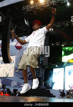 Dizzee Rascal sul palco durante il pallone estivo della capitale FM al Wembley Stadium. Foto Stock