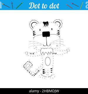 Disegnare una tigre, collegare i punti. Cartoni animati per giochi educativi per bambini. Libro da colorare, selvaggina con animale selvatico. Puzzle educativo per Illustrazione Vettoriale