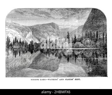 Mirror Lake - Watkins and Clouds Rest 1880 dal libro ' Discovery of the Yosemite, and the Indian war of 1851, which ported to that event ' di Lafayette Houghton Bunnell, 1824-1903 pubblicato New York, Chicago, F.H. Società Revell 1892. Lafayette Houghton Bunnell (1824-1903) fu un membro del Battaglione Mariposa che divenne i scopritori bianchi della Yosemite Valley nel 1851 quando si recarono alla ricerca di leader tribali nativi americani coinvolti in recenti incursioni sugli insediamenti americani. Il Dr. Bunnell in seguito servì come chirurgo nella Guerra civile. Scoperta dello Yosemite, e la guerra indiana del 185 Foto Stock