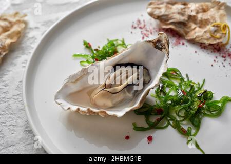 Alto angolo di grandi ostriche fini e crude servite su piatto con insalata di alghe e condimento Foto Stock