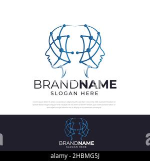 Due teste umane tecnologia di rete logo design, simbolo, illustrazione, icona di rete design Illustrazione Vettoriale