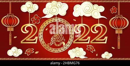 Felice cinese nuovo anno 2022 della carta Tiger taglio elementi asiatici Tiger con stile artigianale su sfondo. Nuvole e lanterne cinesi, sakura volato Illustrazione Vettoriale