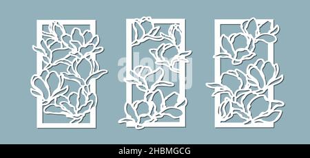 Magnolias fiori modello. Set, pannello per la registrazione delle superfici decorative. Illustrazione vettoriale di un taglio laser. Taglio e schermo del plotter Illustrazione Vettoriale