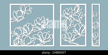 Magnolias fiori modello. Set, pannello per la registrazione delle superfici decorative. Illustrazione vettoriale di un taglio laser. Taglio e schermo del plotter Illustrazione Vettoriale