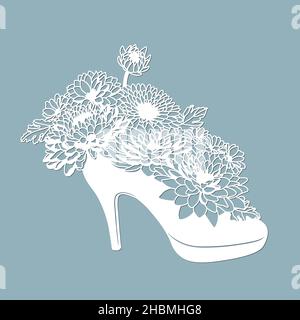 Crisantemi in una scarpa. Arredamento. Dima per taglio laser e Plotter. Fiori, foglie per decorazione. Illustrazione vettoriale. Adesivo fiori. Plotter Illustrazione Vettoriale