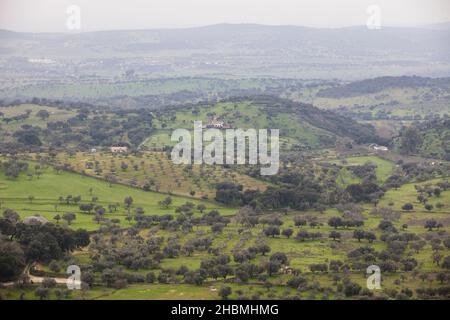 Sierra de San Pedro dehesas, Alburquerque, Estremadura, Spagna. Vista presa da San Blas Craig Foto Stock