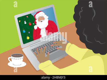 Donna che ha riunione in linea con illustrazione vettoriale di Babbo Natale. EPS10. Illustrazione Vettoriale