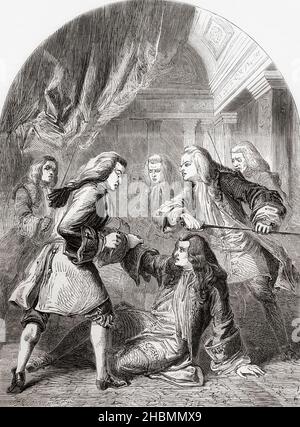 Il tentativo di assassinio di Robert Harley con il Bandbox Plot, ha ricevuto un cappello-box containg pistole caricate per essere innescato da un thread. Robert Harley, 1st conte di Oxford e Earl Mortimer, 1661 – 1724. Inglese e successivamente inglese statesman. Dalla storia illustrata dell'Inghilterra di Cassell, pubblicato c.1890. Foto Stock