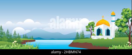 Illustrazione del paesaggio panoramico islamico, bandiera naturale Ramadan Mubarak, moschea con un bellissimo paesaggio rurale. Illustrazione Vettoriale