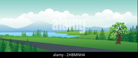 Panoramica montagne paesaggio cartoon illustrazione, banner naturale, bellissimo paesaggio rurale, panorama estivo, verdi altopiani, e lago Illustrazione Vettoriale