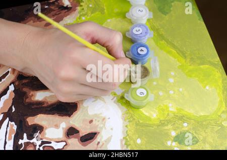 Donna dipinge su tela. Mano della donna che tiene una spazzola per disegnare il primo piano Foto Stock