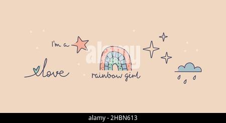 Set di tatuaggi dal design minimalista. Arcobaleno, nuvola di pioggia, stelle, lettere sono una superstar, amore. Illustrazione carina per il disegno, adesivo. Linea vettoriale Illustrazione Vettoriale