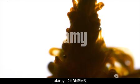 Primo piano per la diffusione di inchiostro colorato in acqua su sfondo bianco. Fumo astratto giallo e colorato che cade dall'alto verso il basso Foto Stock