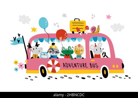 Autobus per animali. Carino creature boschive in grande autobus, piccoli viaggiatori, mouse driver, avventure di amici cartoon, divertente giro. Vettore arredamento stanza dei bambini Illustrazione Vettoriale