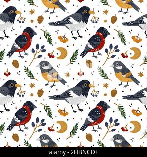 Uccelli invernali senza cuciture. Simpatici bluebirds natalizi, maggini e voluzzi con vari ramoscelli, bacche e coni, sfondo forestale. Decorazione tessile Illustrazione Vettoriale