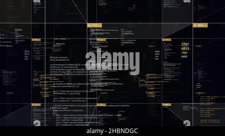 Una griglia di dati dei numeri in streaming che cambia sul display. Astratto milioni di blocchi volanti di contenuti che cambiano tutto il tempo su sfondo nero, senza giunture l Foto Stock