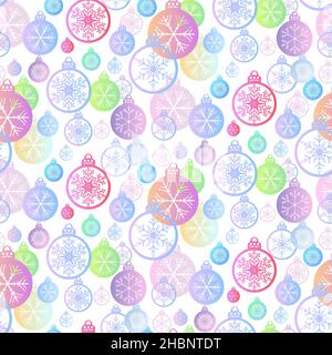 Palline colorate di Natale con motivo fiocco di neve senza cuciture. Design moderno e piatto. Sfondo delle vacanze. Inverno sfondo infinito. Nevicate iridescenti Illustrazione Vettoriale