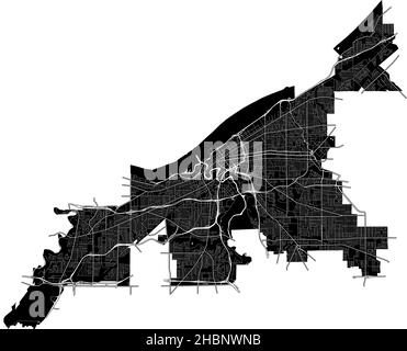 Cleveland, Ohio, Stati Uniti, mappa vettoriale ad alta risoluzione con confini della città e percorsi modificabili. La mappa della città è stata disegnata con aree e linee bianche Illustrazione Vettoriale