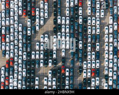 Le nuove autovetture multicolore si trovano in file rette su un enorme parcheggio pavimentato sul territorio di un impianto di produzione di automobili, la sovrapproduzione Foto Stock