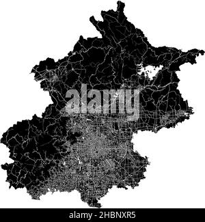 Pechino, Cina, mappa vettoriale ad alta risoluzione con confini della città e percorsi modificabili. La mappa della città è stata disegnata con aree bianche e linee per le strade principali, Illustrazione Vettoriale