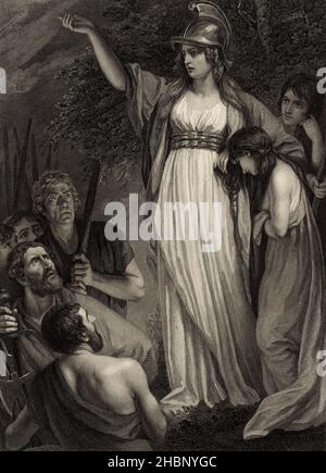 Un'incisione di Boudicca, Regina della tribù degli Iceni (che viveva in quella che ora è Anglia orientale nel Regno Unito) che motivava la popolazione locale ad alzarsi contro le forze d'occupazione romane Foto Stock