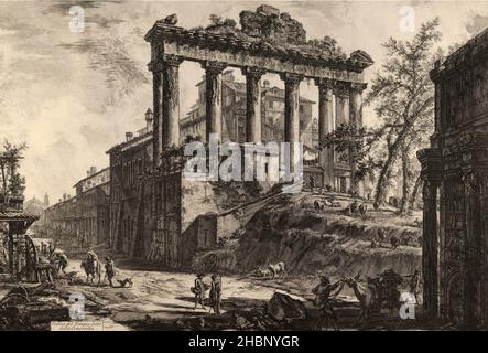 Vista del cosiddetto Tempio di Concordia con il Tempio di Saturno, a destra l'Arco di Settimio Severo nel Foro Romano di Giovanni Battista Piranesi Foto Stock