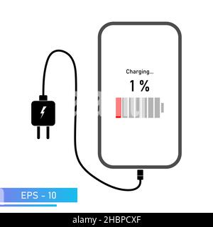 Lo smartphone viene caricato tramite l'alimentatore. Indicazione del processo di ricarica sullo schermo dello smartphone. Illustrazione vettoriale. Illustrazione Vettoriale