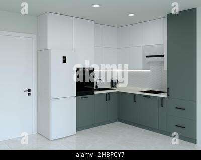 Cucina interier. 3D rendering di una cucina luminosa. Foto Stock