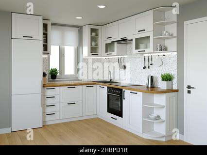 Cucina interier. 3D rendering di una cucina luminosa. Foto Stock