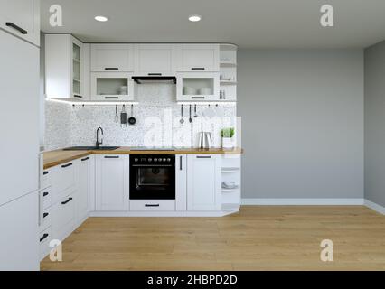 Cucina interier. 3D rendering di una cucina luminosa. Foto Stock