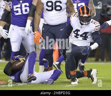 Chicago, Stati Uniti. 20th Dic 2021. Chicago Bears Alec Ogletree (44) celebra il suo tackle of Minnesota Vikings Dalvin Cook (33) al Soldier Field di Chicago lunedì 20 dicembre 2021. Foto di Mark Black/UPI Credit: UPI/Alamy Live News Foto Stock