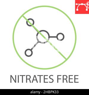 Icona linea libera nitrati, sana e organica, icona vettore privo di nitrati, grafica vettoriale, segno del contorno del tratto modificabile, eps 10. Illustrazione Vettoriale