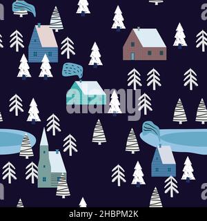 Inverno senza giunture paesaggio scandinavo, foresta, villaggio. Nordic folc art style, Natale, atmosfera accogliente. Illustrazione vettoriale Illustrazione Vettoriale