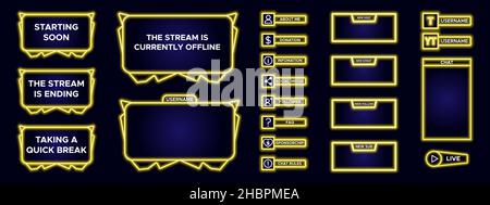 Set di elementi di design moderni per pannello di visualizzazione overlay per lo streaming dei giochi. Cornice di gioco gialla per trasmissione internet e video online. Futuristico live strea Illustrazione Vettoriale
