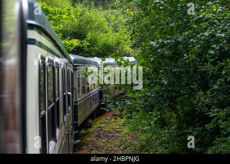 Al di fuori del Transcantabrico Gran Lujo treno lusso travellong in tutta Spagna settentrionale, l'Europa. Viaggio tra Candás e Luarca, Asturias, Spagna. Foto Stock