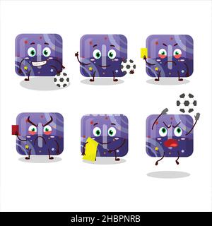Viola caramella gummy i personaggio cartoon che lavora come arbitro di calcio. Illustrazione vettoriale Illustrazione Vettoriale