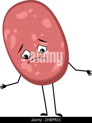 Simpatico personaggio di salsiccia con emozioni tristi, viso depresso, occhi abbassati, braccia e gambe pasto divertente o spuntino di carne con espressione malinconia. Illustrazione piatta vettoriale Illustrazione Vettoriale