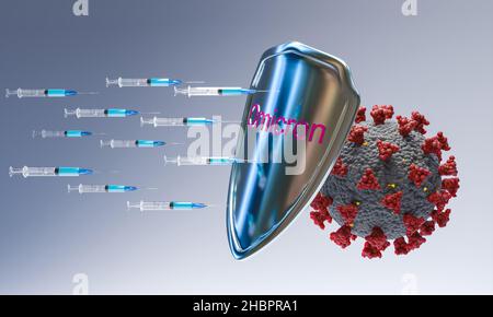 omicron variante covid-19 con schermo di protezione del vaccino. concetto di inefficacia del farmaco. 3d rendering Foto Stock
