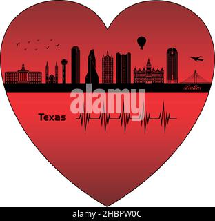 Dallas nel cuore - illustrazione, profilo dello skyline della città di Vector, Dallas Texas Illustrazione Vettoriale