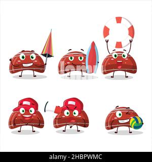 Happy faccia curva rosso gommoso caramella fumetto personaggio giocare su una spiaggia. Illustrazione vettoriale Illustrazione Vettoriale