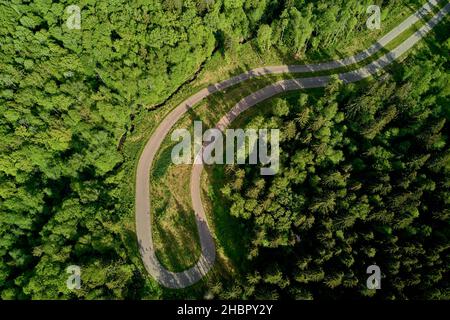 Svolta a fondo su una pista forestale, pista da sci in natura, vista aerea Foto Stock